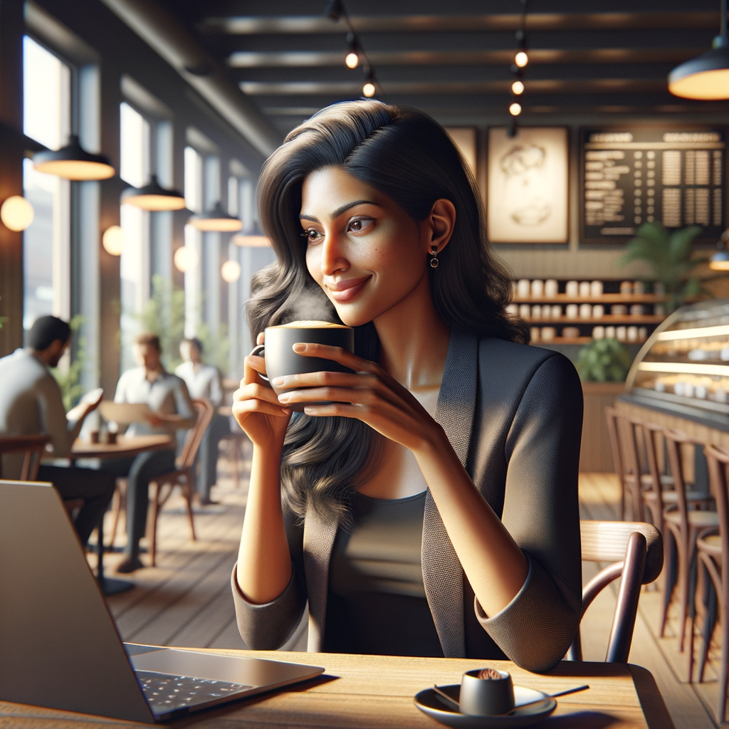 una mujer empresaria, en una cafetería,revisando las métricas de éxito obtenidas gracias a la calidad de servicio al cliente en su empresa